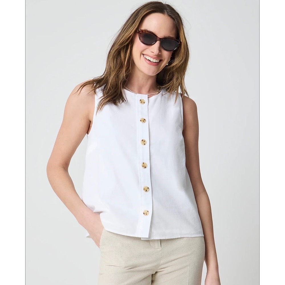 J.Crew White Linen Blend Button Front Sleeveless Top Round Neck Tank Size L
